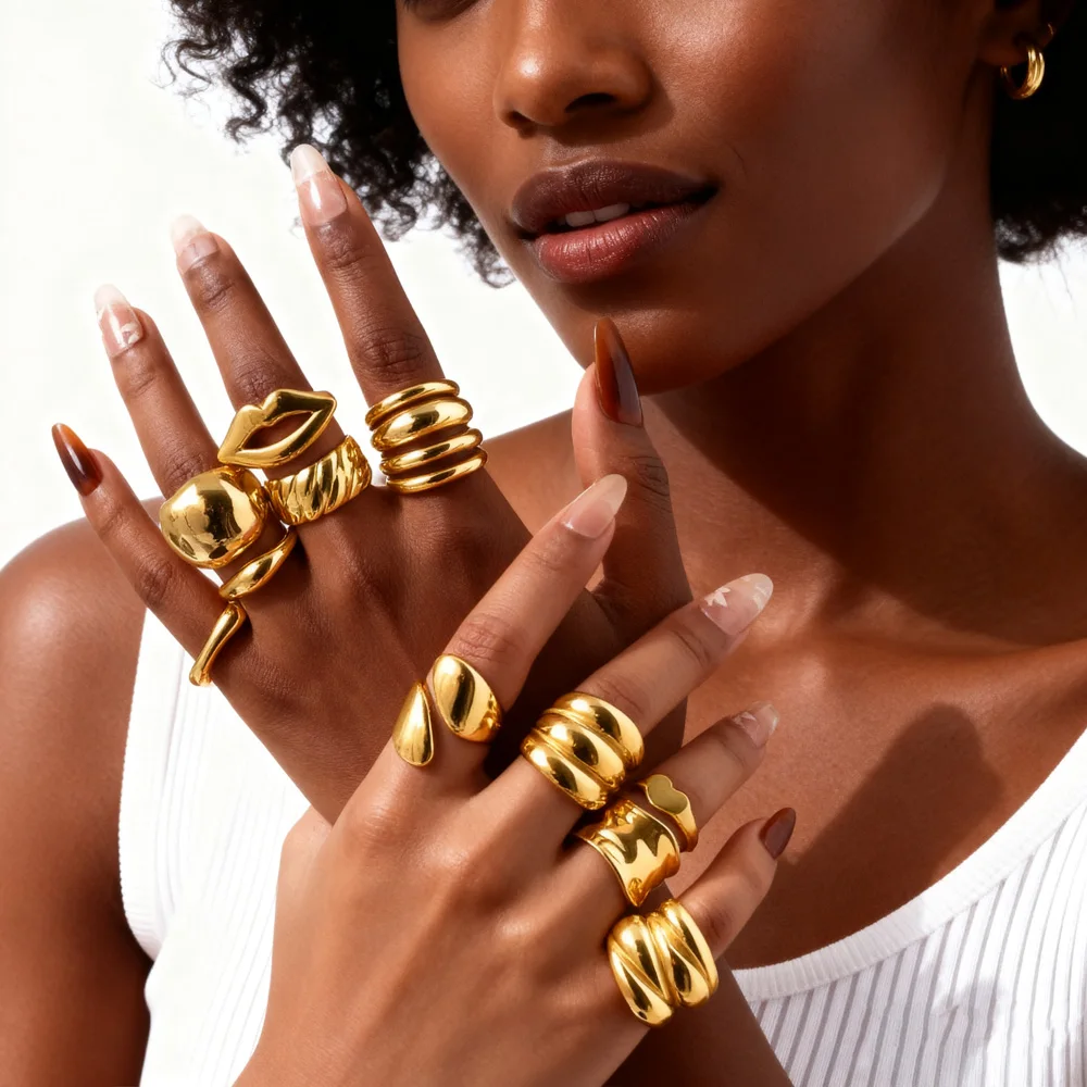 Waterproof Stainless Steel Chunky Dome Rings for Women, Geometric Ring Gold Plated Aesthetic Fashion Jewelry - Image 2