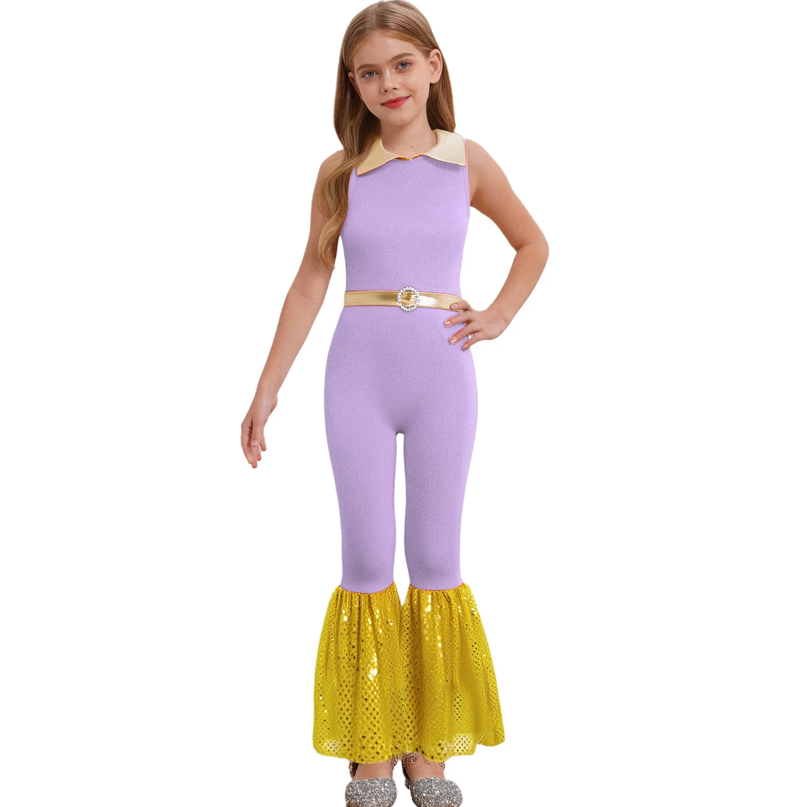 Kids Girls Hippie Costume Bell-Bottomed Jumpsuit 60s Disco Dance Leotard Vintage Party Performance Clothes Sleeveless Bodysuit