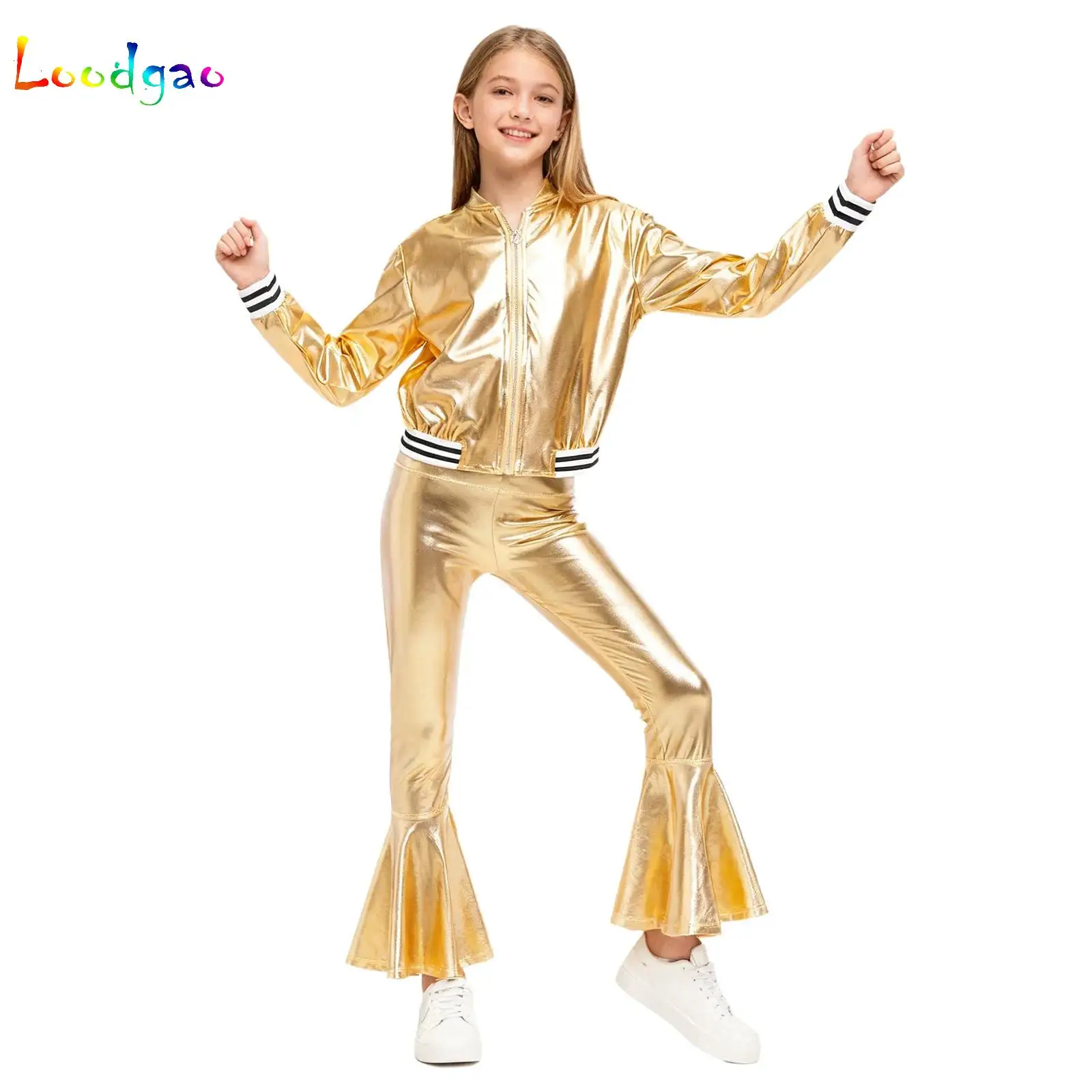 

Kids Girls Sports Outfits Jazz Hip Hop Street Dance Performance Competition Costume Metallic Bomber Jacket with Pants Streetwear