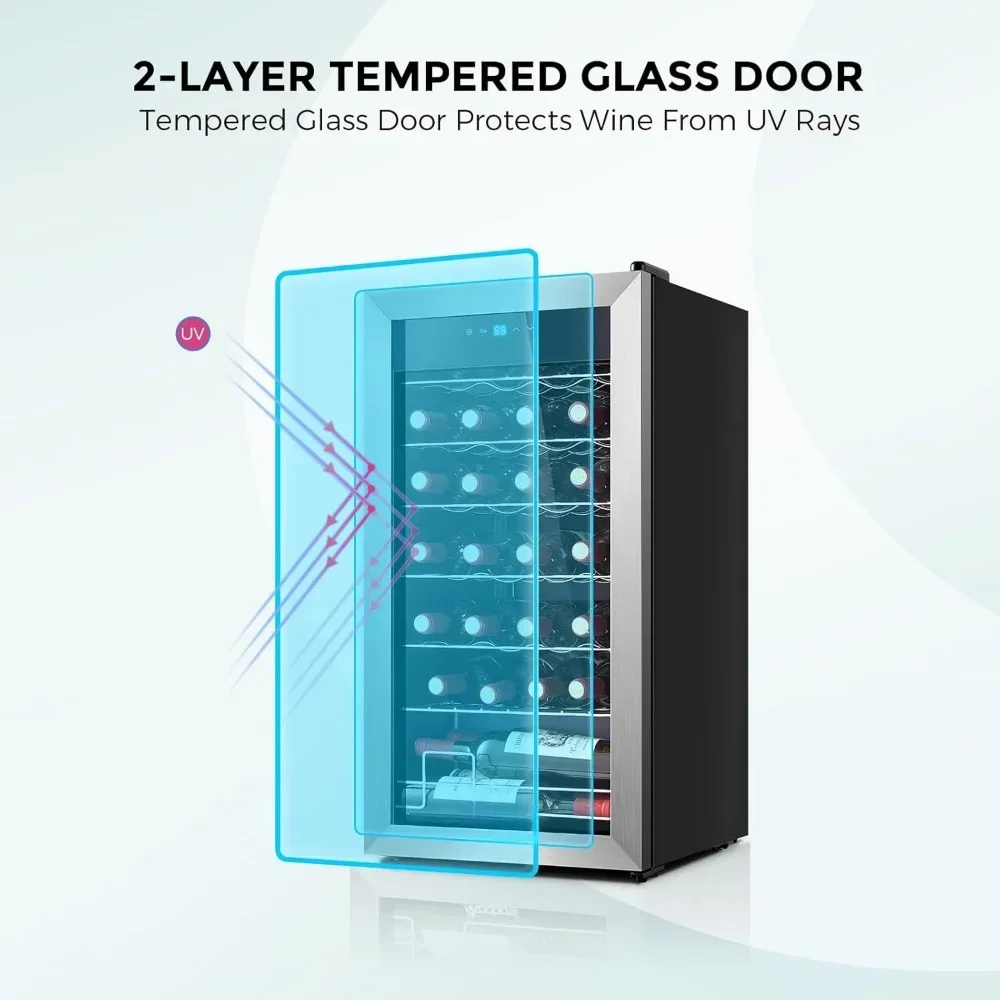 28 Bottle Wine Cooler 46-66℉ Beverage Wines Refrigerator, Glass Door Free Standing Mini Wines Cellar Aging Red, Sparkling Wine