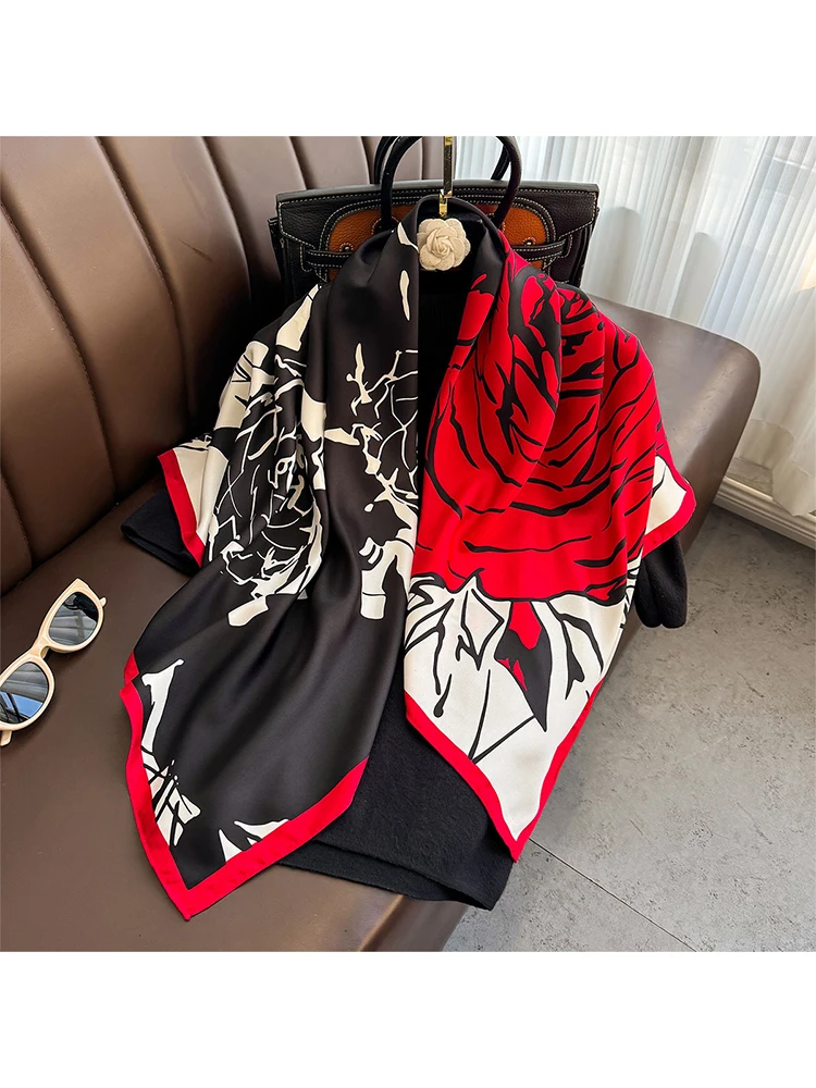 

Print Large Shawl Wraps Black Scarf For Travel Women Luxury Brand Satin Headband Hijab Turban Foulard Summer Beach Stoles