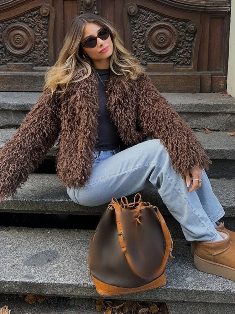 Casual Lapel Solid Thicken Warm Faux Fur Jacket Women Fashion Long Sleeve Oversize Loose Coat 2024 Winter Lady Luxury Streetwear