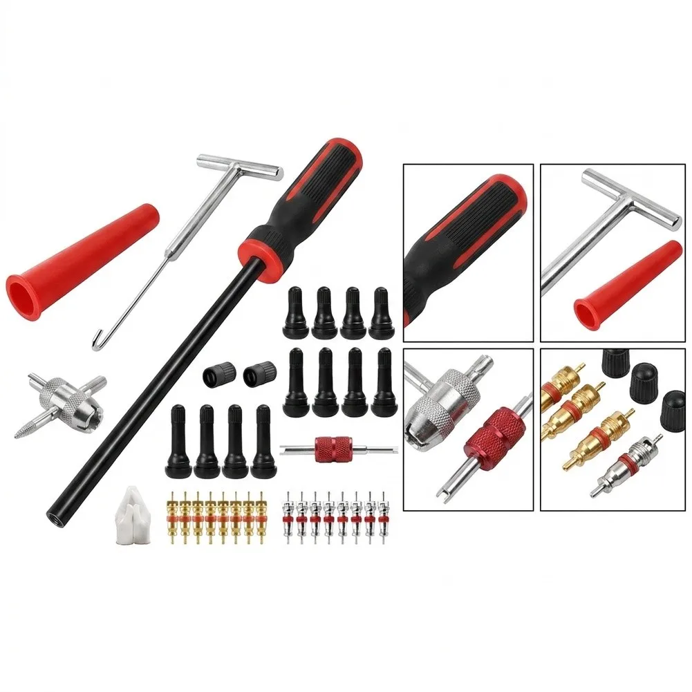 36 Piece Tire Valve For Stem Repair Kit Includes Puller Conical Tube 4 Way Wrench Gloves and Multiple For Stems
