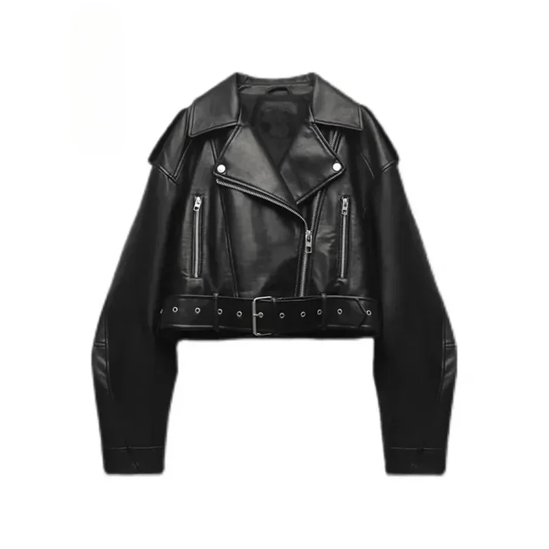 

TRAF Women Oversized Vintage Loose Pu Faux Leather Short Jacket with Belt Streetwear Female Zipper Retro Moto Biker Coat Outwear