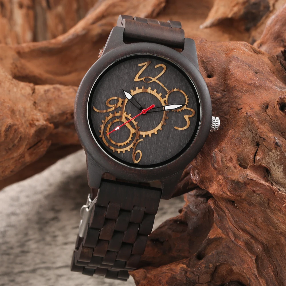 

Great Design Punk Gear Irregular Arabic Numbers Mens Watches Wood Watches Vintage Ebony Wooden Bangle Clock with Bracelet Clasp