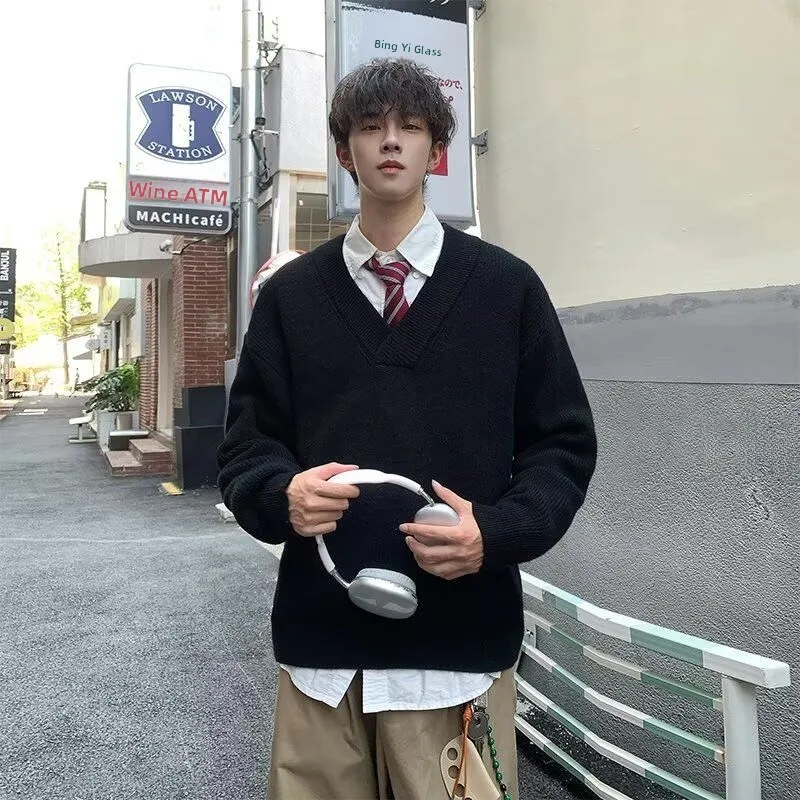 

Осень-зима, вязаный свитер с v-образным вырезом, кардиган, мужской цветной повседневный свободный крой, верхняя одежда, удобное полиэфирное волокно