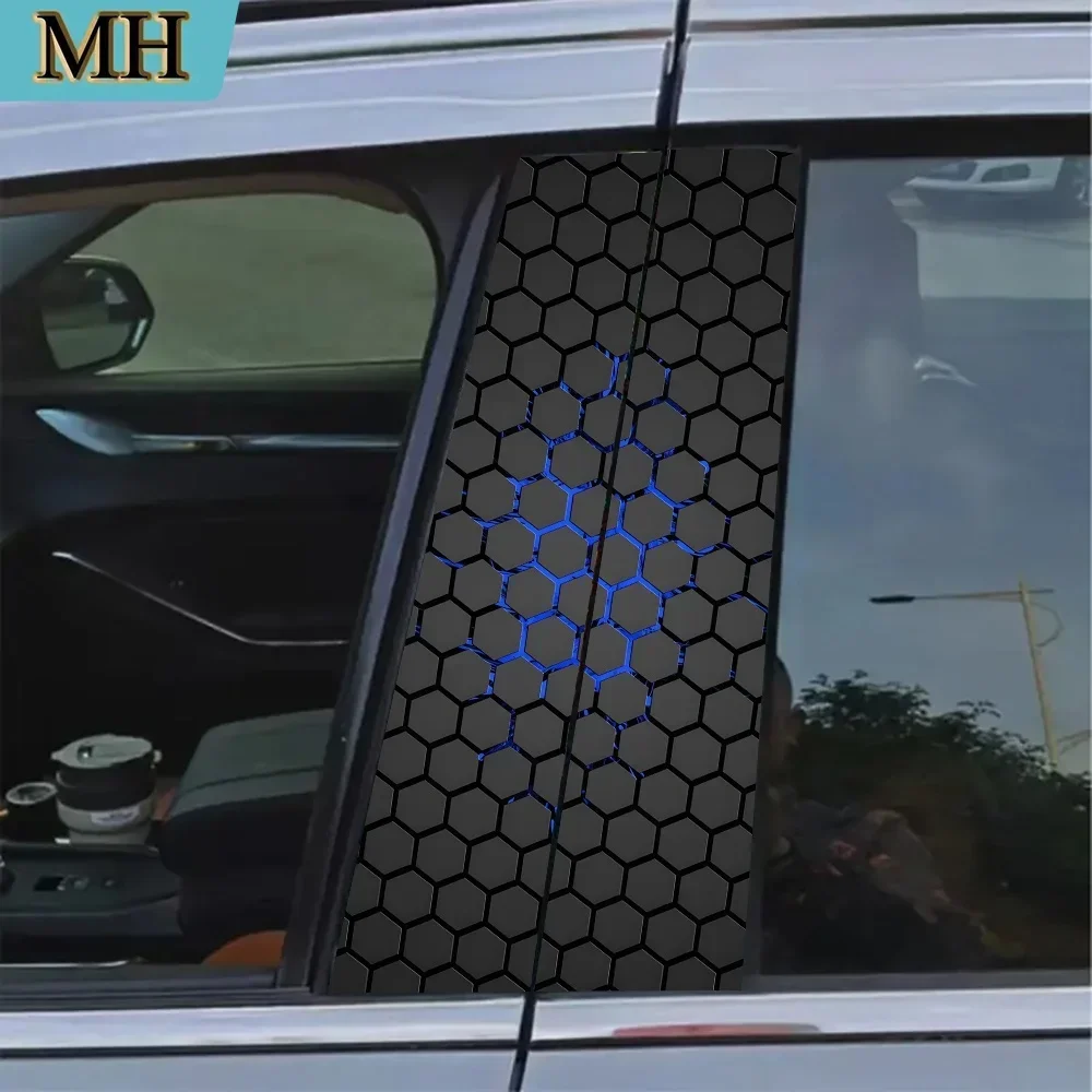 2 pieces sci-fi space-themed door post sticker vinyl B-pillar protective film hexagonal honeycomb pattern exterior accessories