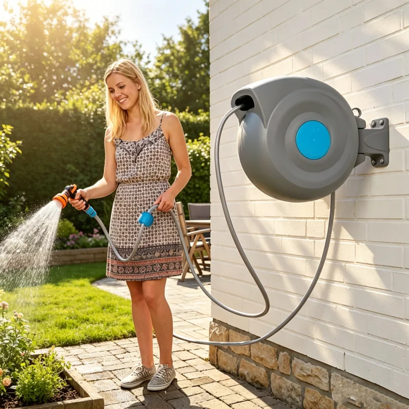 Enrouleur de tuyau d'arrosage mural rétractable automatique de 20 m, 180 °   Pistolet pulvérisateur pivotant à 9 modes, résistant aux UV et au gel, avec support mural et matériel de fixation
