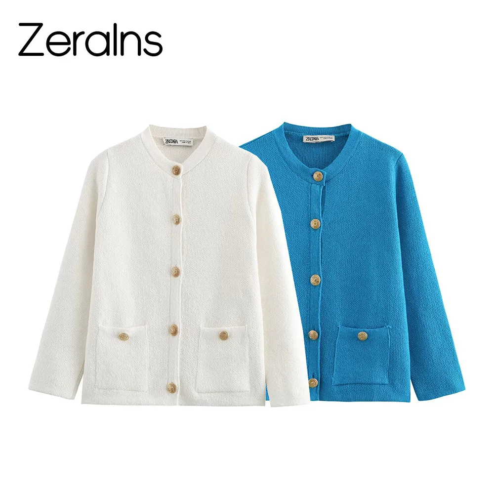 

ZERAINS New autumn 2025 women's clothing sweet and simple pocket round neck long sleeved knitted cardigan jacket