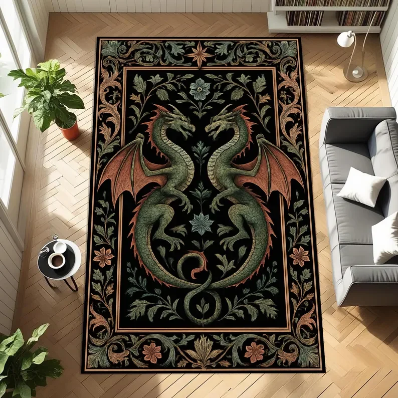 Folk Art Dragon Theme Rug Carpet for Living Room Bedroom Decor Aesthetic Mythical Creatures Art FloorMat Coffee Table Floor Mat