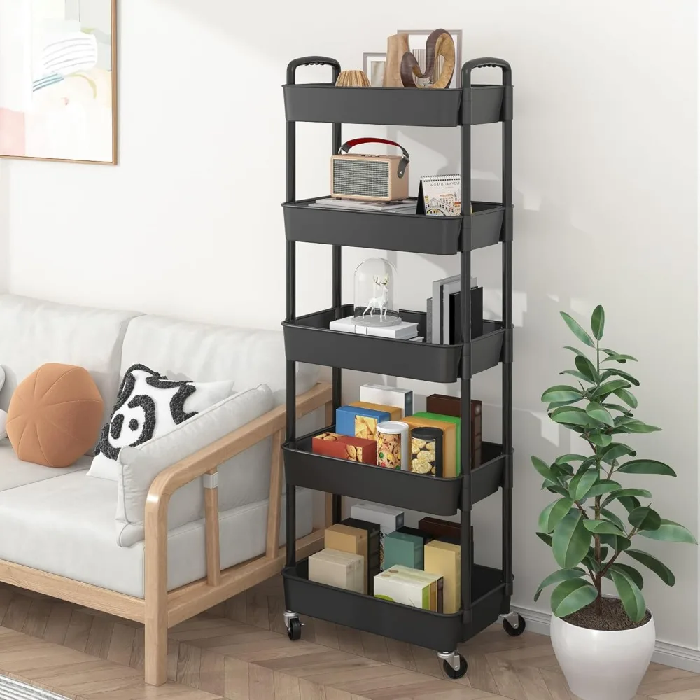 Chariot utilitaire roulant à 5 niveaux avec poignée, chariot de rangement multifonctionnel pour la maison et le bureau, noir