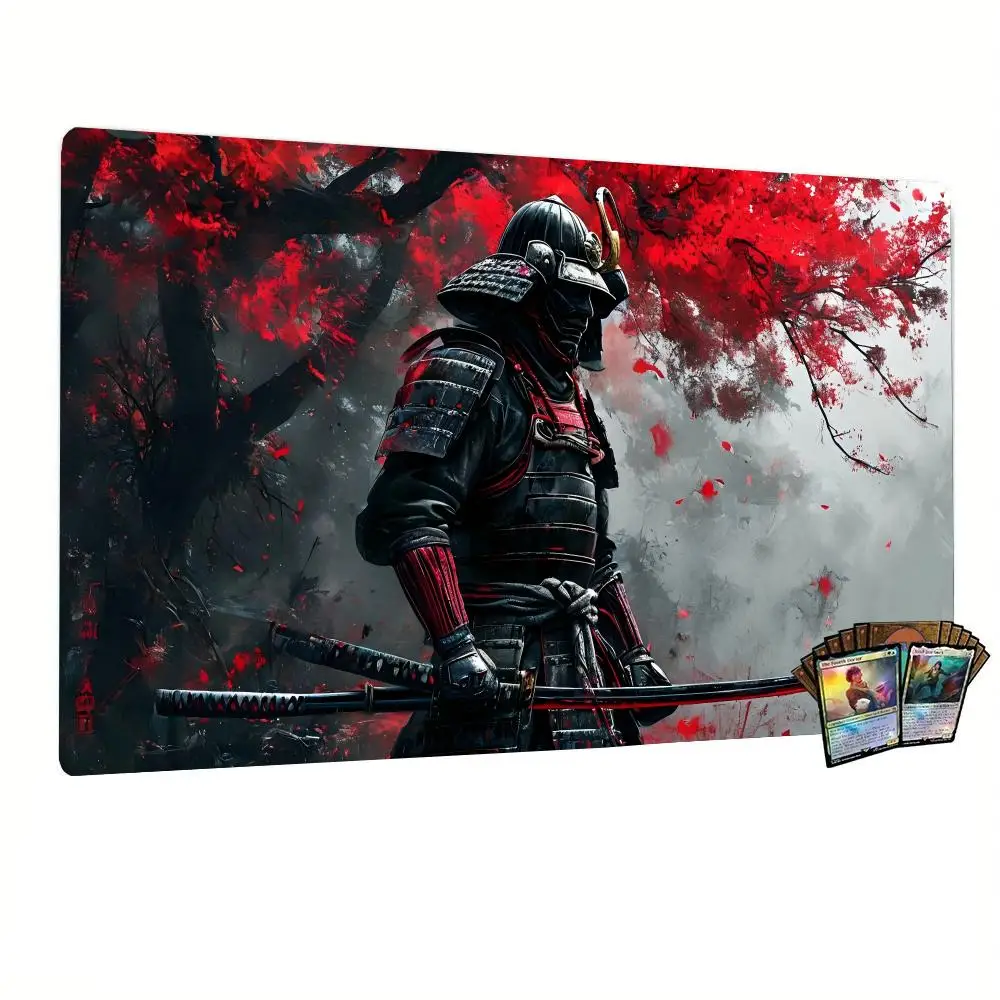 Large Size Table Mat Traditional Japanese Armored Samurai Holding Katana Red Mist Background Mouse Pads For Office Playmat
