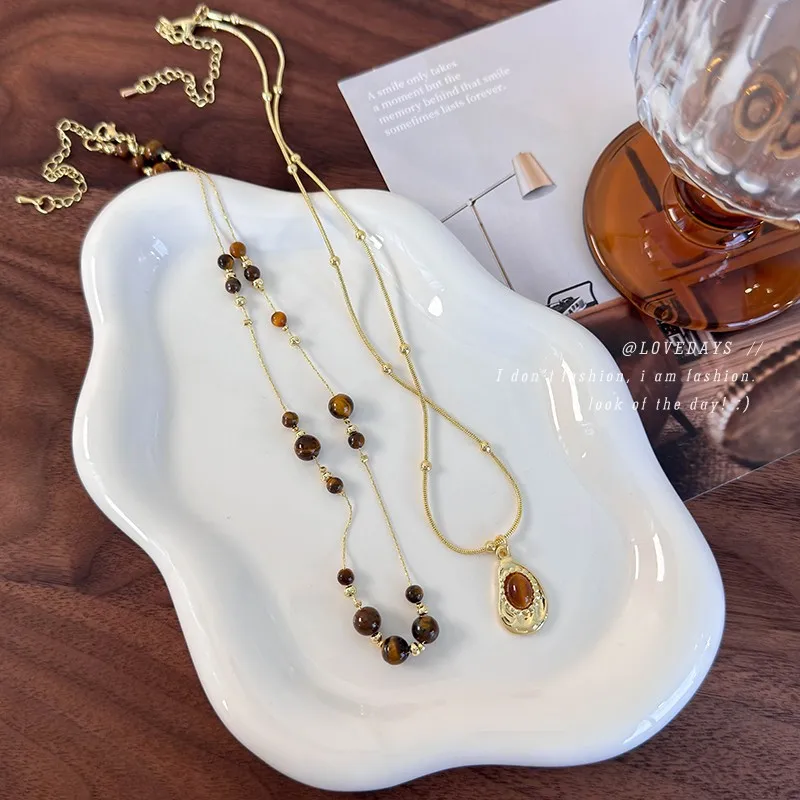 Tiger Eye Beaded Necklace Double Layer Vintage Premium Golden Brown Stone Sweater Chain Elegant Daily Office Gift Women