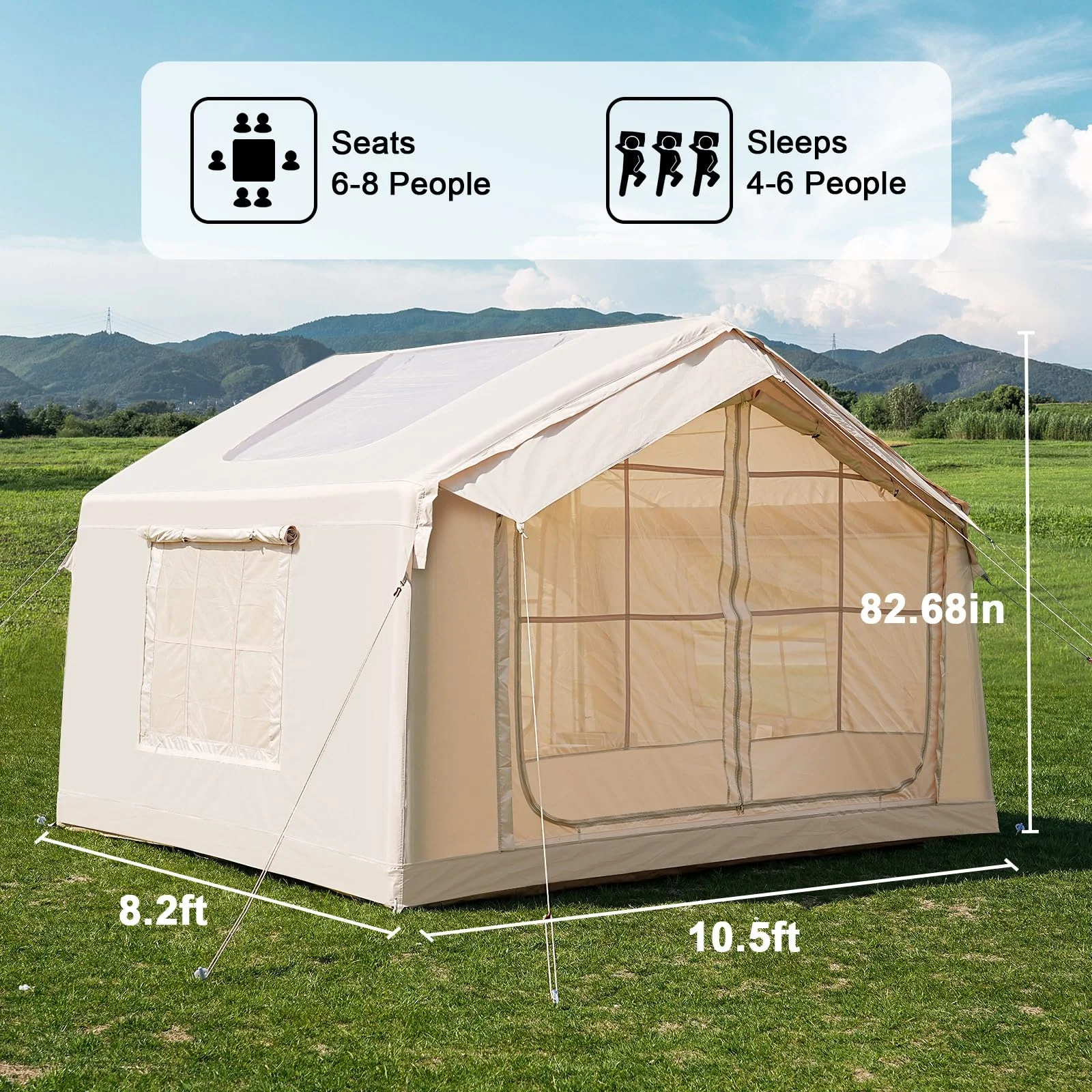 Inflatable Camping Tent 6/8Person Large  Single Layer Oxford PVC Portable Quick Setup 2-Door Pump Waterproof Living Room
