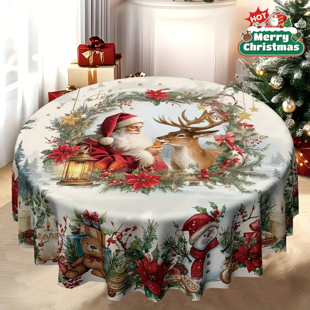 Santa Claus Reindeer Round Tablecloth, Vintage Christmas Wreath Lantern Snowman Teddy Bear Pattern, Winter Holiday Decorations