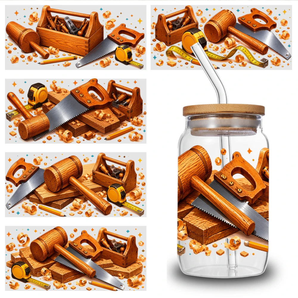 5 Sheets Wooden Tools UV DTF Stickers for 16 oz Tumbler Waterproof Rub on Transfers DIY Water Bottle Glass