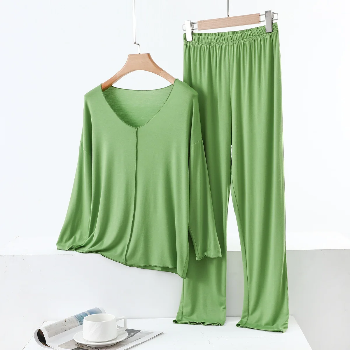Comfortable Women's Pajamas Modal Casual Sleepwear Set Long Sleeve Nightwear Pyjamas V Neck Top Pant Home Suit Pijamas Mujer 6