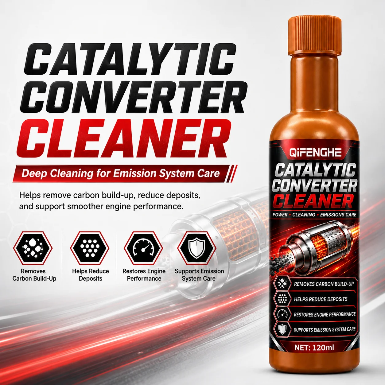 QIFENGHE 120ml Catalytic Converter Cleaner, Removes Carbon Build-Up, Restores Engine Performance & Exhaust System Care