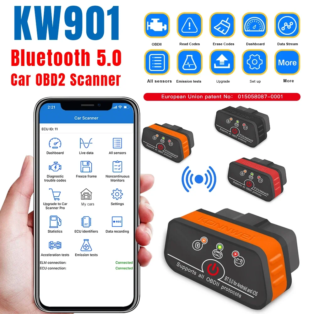 DurablKONNWEI KW901 ELM327 V1.5 Bluetooth5.0 Car Auto OBD2 Scanner Android/IOS Car Diagnostic Tool Code Reader Pk Vgate ICAR2