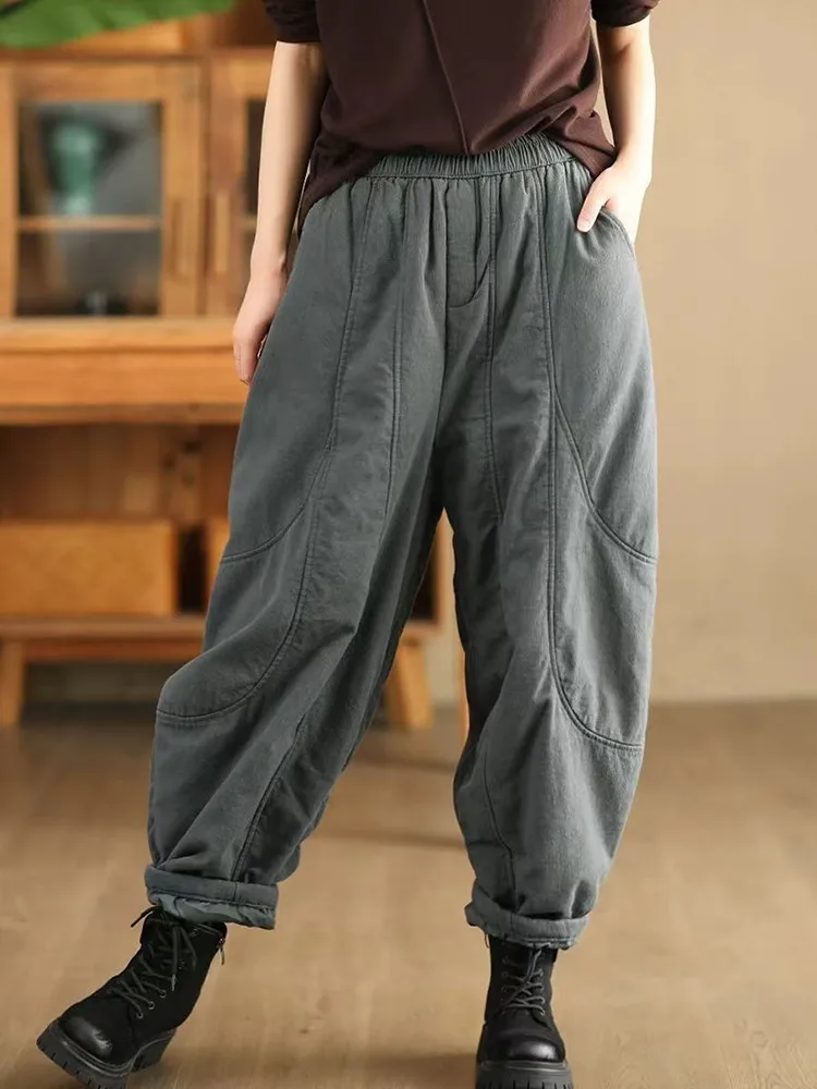 Thick Warm Casual Harem Pants Women New Arrival 2024 Winter Vintage Style Solid Color Loose Female Basics Cotton Trousers M299