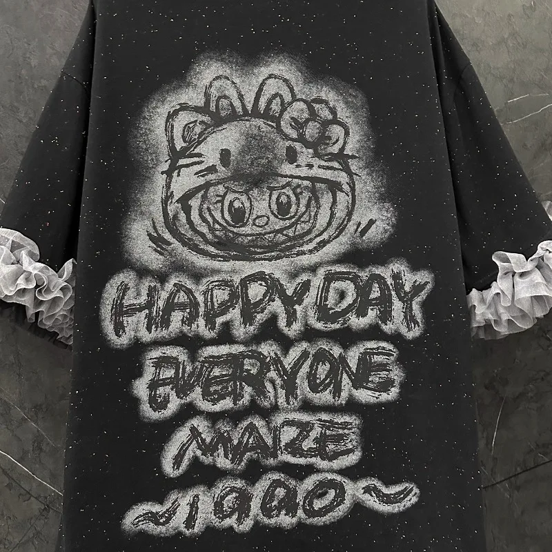 2025 Zomer Nieuwe Cartoon Medium En Lange Mesh Splicing Korte mouwen T-shirt Jurk vrouwen Losse Casual Veelzijdige Top truien