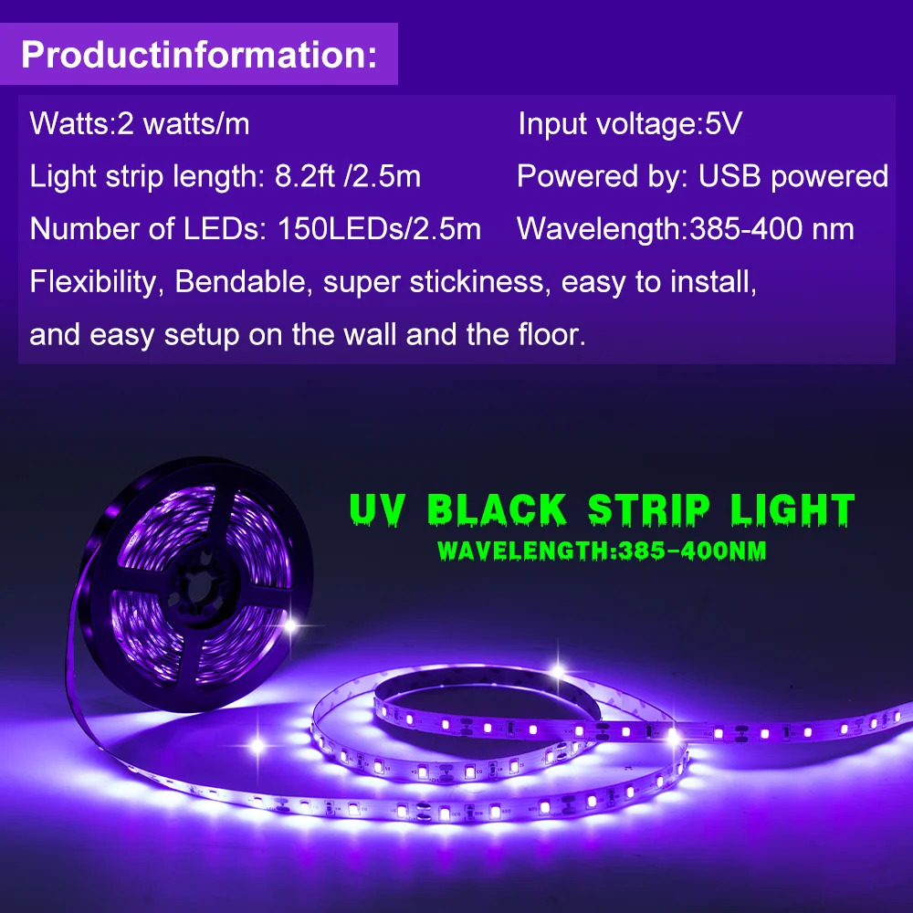 2.5M USB UV LED Light Strip LED Black Light 385-400nm Ultraviolet UV Light for Halloween Fluorescent Party Neon Room Decoration