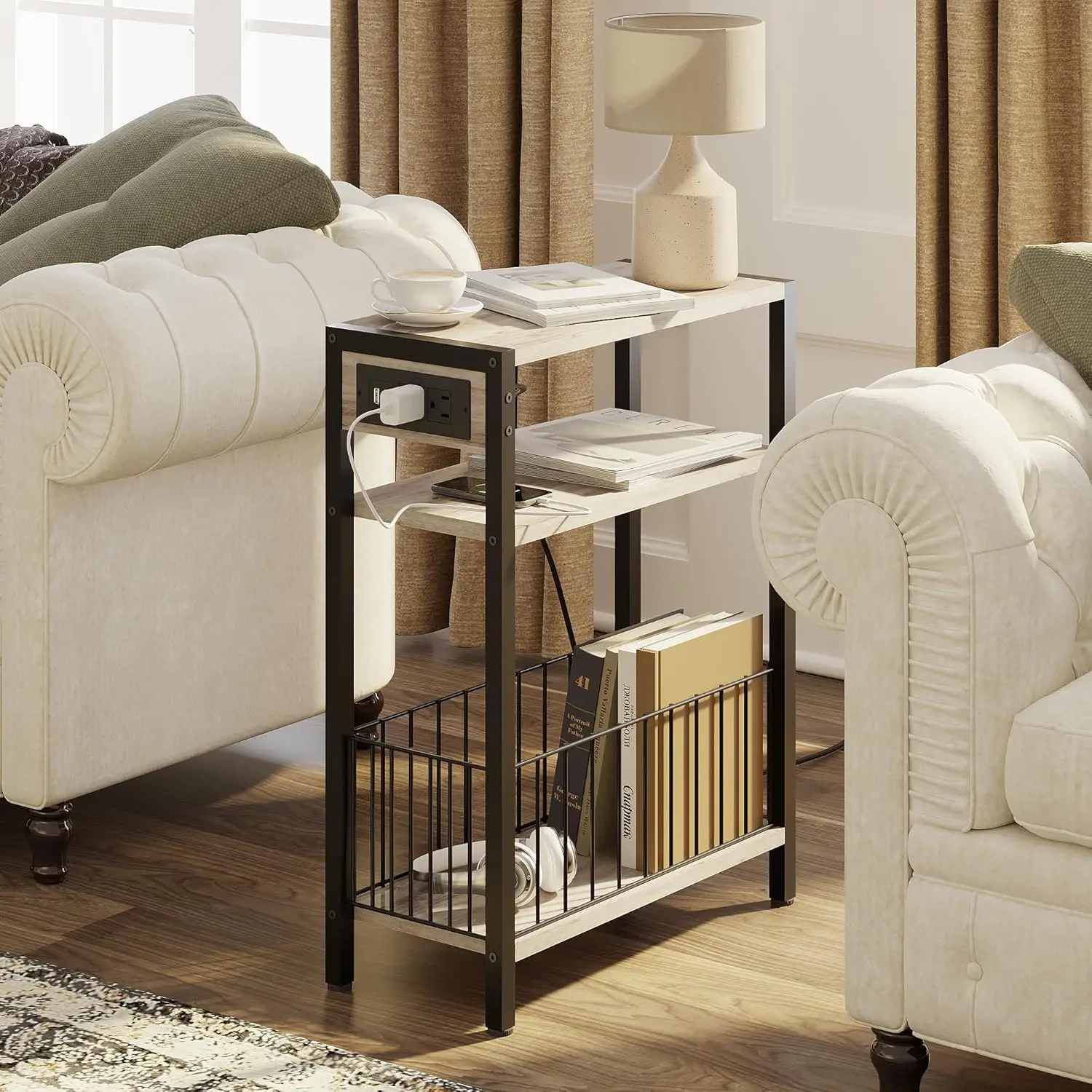 Narrow Side Table With Charging Station Set Of 2, Small End Table For Small Spaces, Slim Nightstand With Storage Basket, 3 Tier