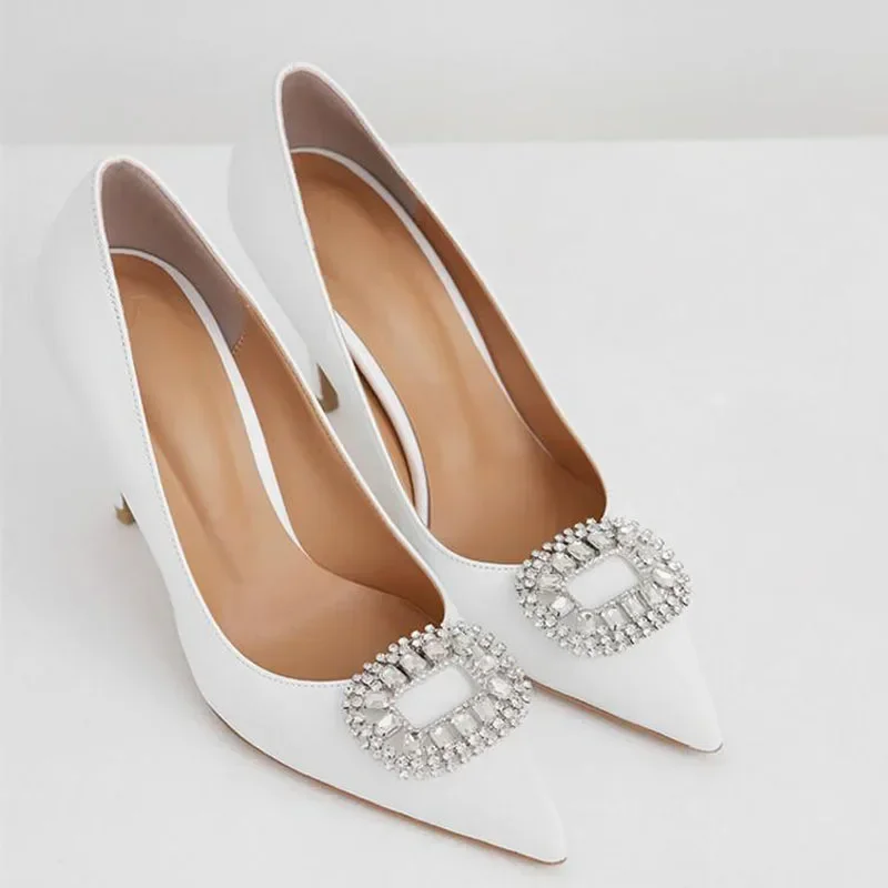 6cm Heels Women Luxury Sandals Satin Pointed Toe with Rhinestone High Heels Ankle Wrap White Wedding Bride Women Shoes 40 41