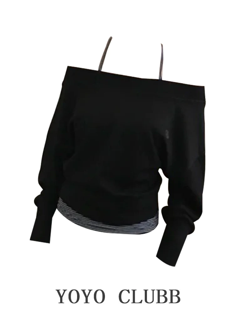 

Spring Large Size Batwing Sve oulder Bared T-irt Hoodie Striped Ne Hanging Top Bot Set Women's Faion Ensemble
