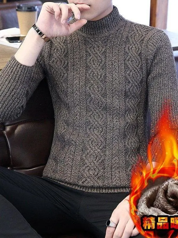 

Утепленный зимний вязаный свитер для молодых мужчин с высоким воротником в корейском стиле, с длинными рукавами, базовый слой
