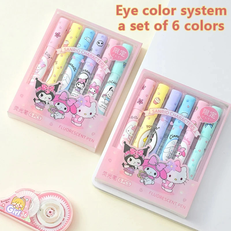 6Pcs/box Sanrio Hello Kitty Highlighter Pen Set Kawaii Kuromi Melody Cinnamoroll Art Fluorescent Markers Pens School Stationery