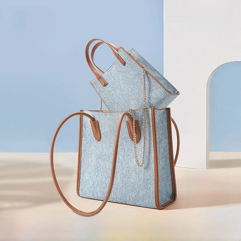 

Джинсовая лоскутная цветная блузка, маленькая квадратная сумка, женский комплект из двух предметов, сумка для матери и ребенка на одно плечо с наклонным крестом, ретро-моя...