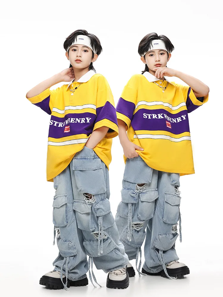 

Kid Hip Hop Clothing Yellow Polo T Shirt Denim Blue Multi Pockets Ripped Cargo Jeans Pants for Girl Boy Dance Costumes Clothes