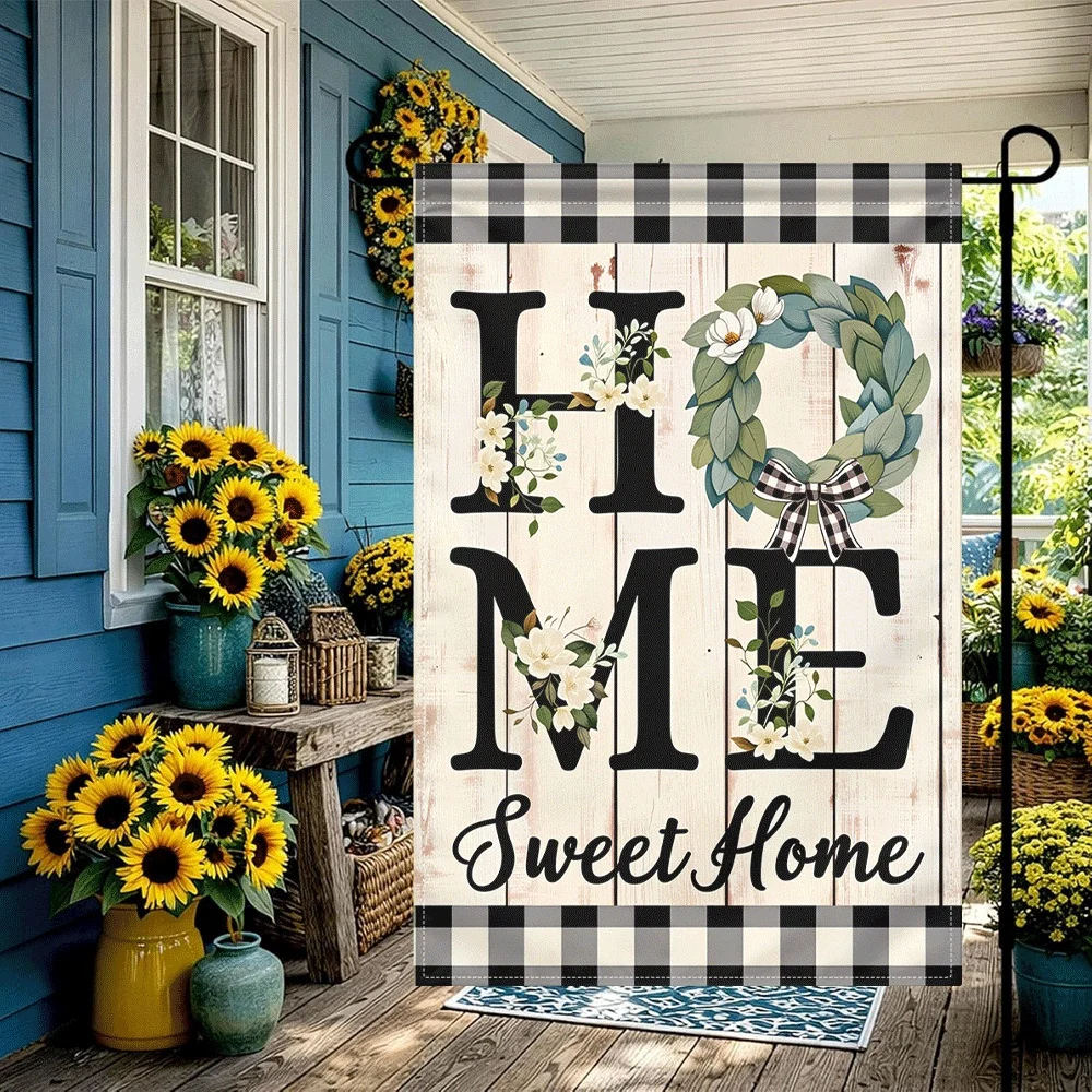 Bandera de jardín Home Sweet Home, corona floral, cuadros negros y blancos, bandera decorativa para exteriores, estilo rústico, 1 ud.