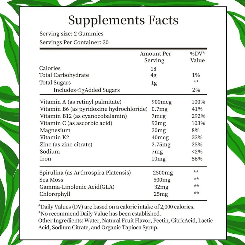 علكة سبيرولينا، سبيرولينا عضوية 2500 مجم تعزز الطاقة اليومية - تحتوي على الأعشاب البحرية والكلوروفيل وغير المعدلة وراثيًا وخالي من الجلوتين