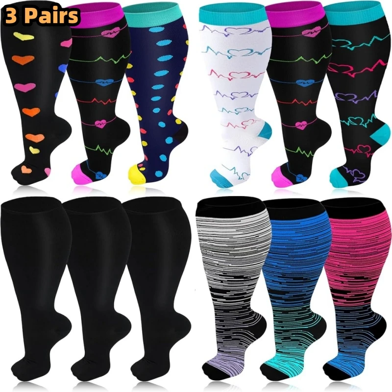 3 Pairs 2XL-7XL Plus Size Compression Men Socks 20-30 mmHg Wide Calf Extra Large Knee High Flight Socks for Circulation Support