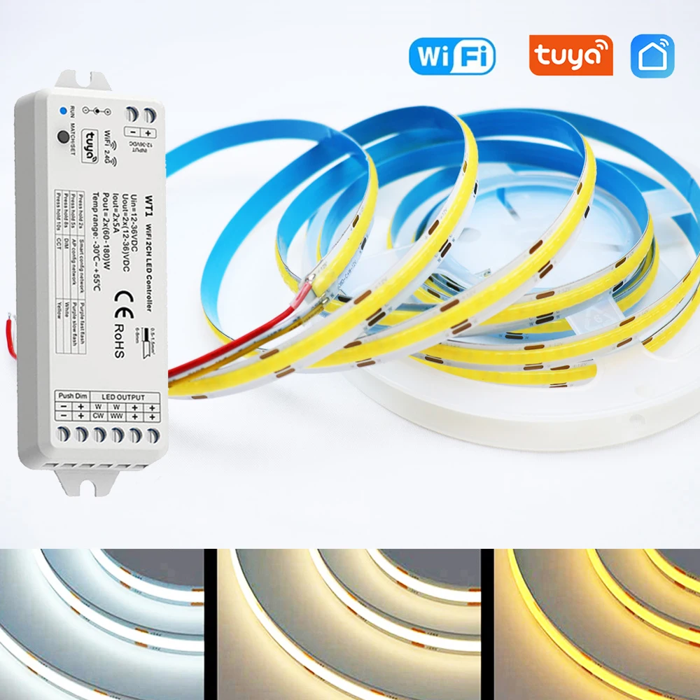 5メートル10メートル無線lan cob ledストリップ12v 24v cctウォームホワイト調光対応フレキシブルテープリボン照明チュウヤアプリ音声制御alexaためのgoogle