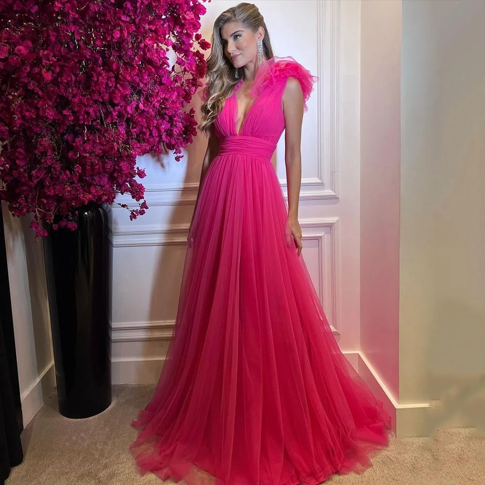 

Eeqasn New Fuchsia Tulle Long Prom Dresses V-Neck Pleats Evening Gowns 2022 Open Back Women Saudi Arabia Wedding Party Dress