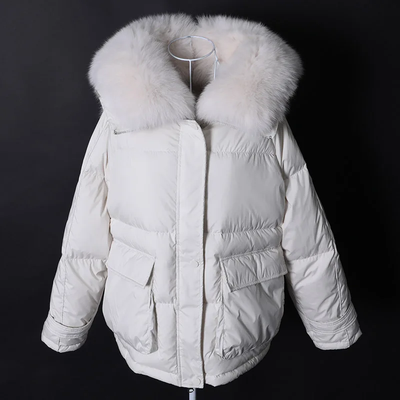 Maomaokong Loose Real Fox Fur Collar 2026 White Duck Down Jacket Women Winter Luxury Puffer Coat Oversize Feather Outwear