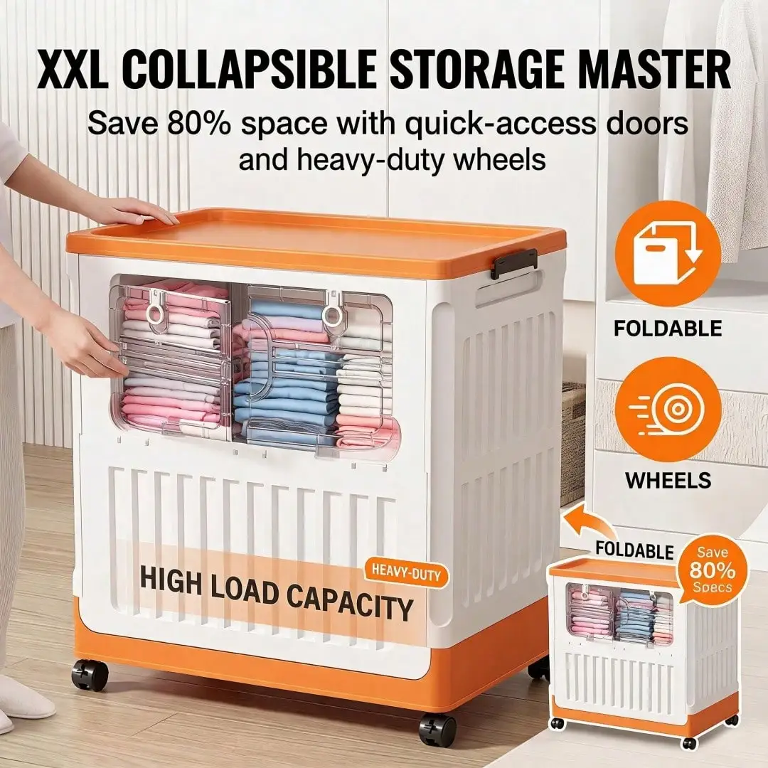 Extra-Large Mobile Collapsible Storage Bin / Lidded Storage Bin (40 / 20 Gallon) With 4 Lockable Swivel Wheels; Ideal For Storin