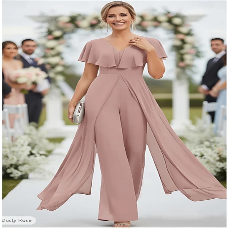 

Jumpsuits Floor Length Short Sleeve V Neck Elegant Simple Wedding Guest Chiffon Mother of the Bride Dress with Ruffles Side Drap