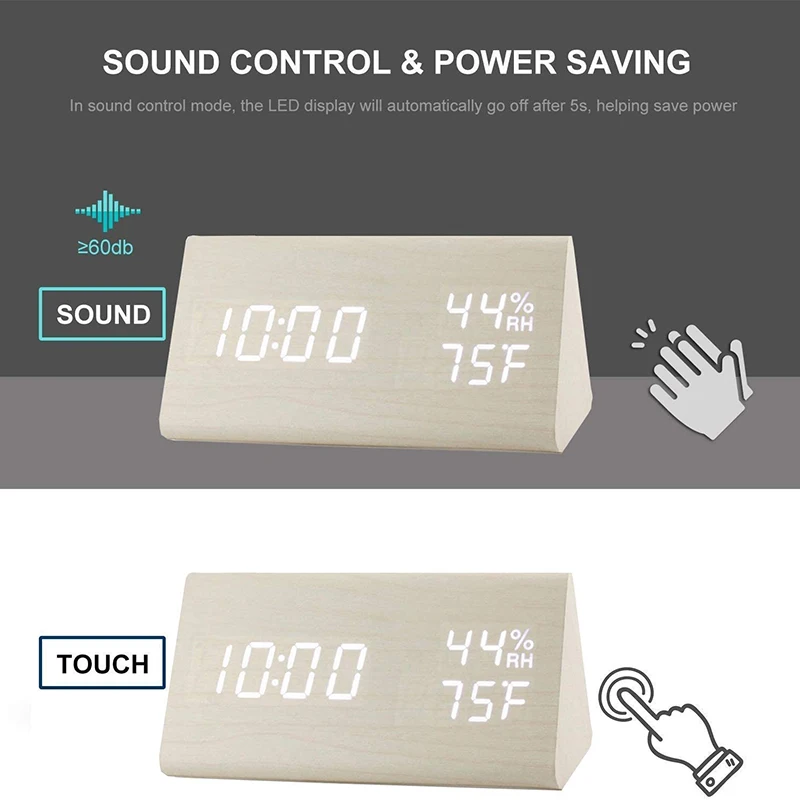 Reloj despertador Digital con pantalla LED electrónica de madera, 3 configuraciones de alarma, detección de humedad y temperatura