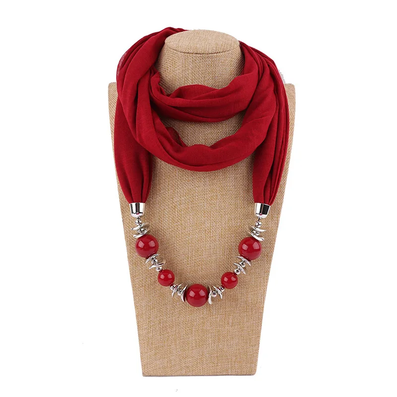 New Fashion Neckerchief Ring Scarf Beads Pendant Solid Color Statement Neck Scarves Women Shawls and Wraps Head Scarf