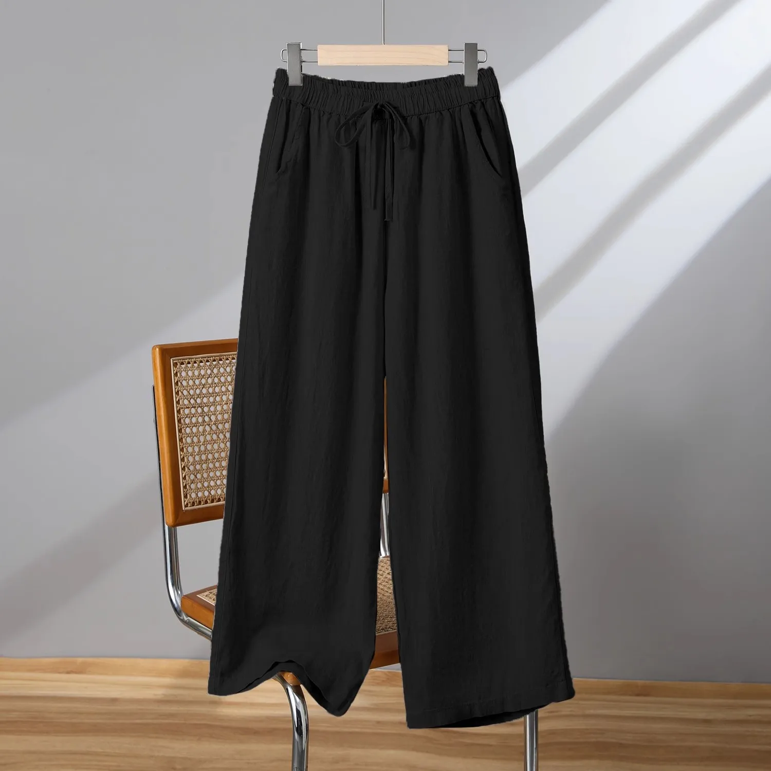 XIZOU Casual Cotton Linen Wide Leg Pants Women's Summer New Sle Slimming Loose Straight Tube Linen Nine Points Pants