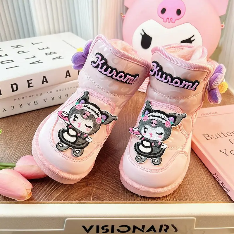 Anime Sanrios My Melody Cinnamoroll Kuromi Velcrokids Snow Boots Plus Velvet Thickened Anti-Slip Waterproof Mid-Calf Cotton Boot