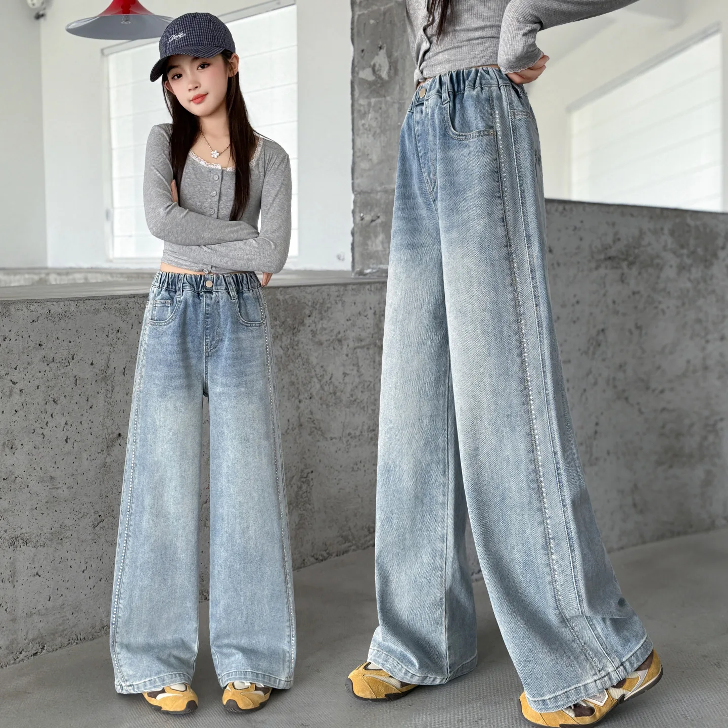 Girls' jeans side seam with sparkling rhinestones spring autumn new teens children's casual pants,kids straight leg denim pants
