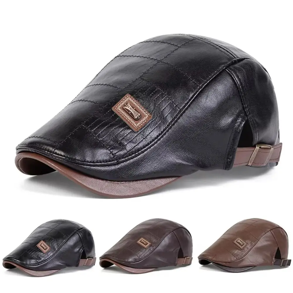 

Retro Forward Peaked Cap Men Beret Hat Korean Style British Style Leather Flat Cap Cabbie Solid Color Driving