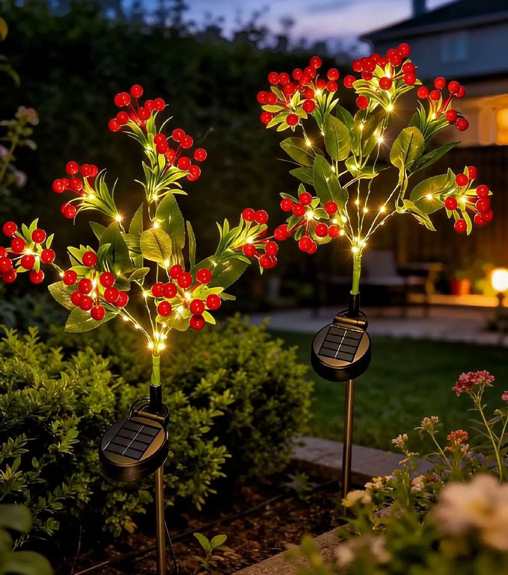 

1PC Solar Powered Wealth Symbol Red Fruit Lawn Lights Simulated Wheat Spike Decorative Ground Plug Lamps for Garden Decoration