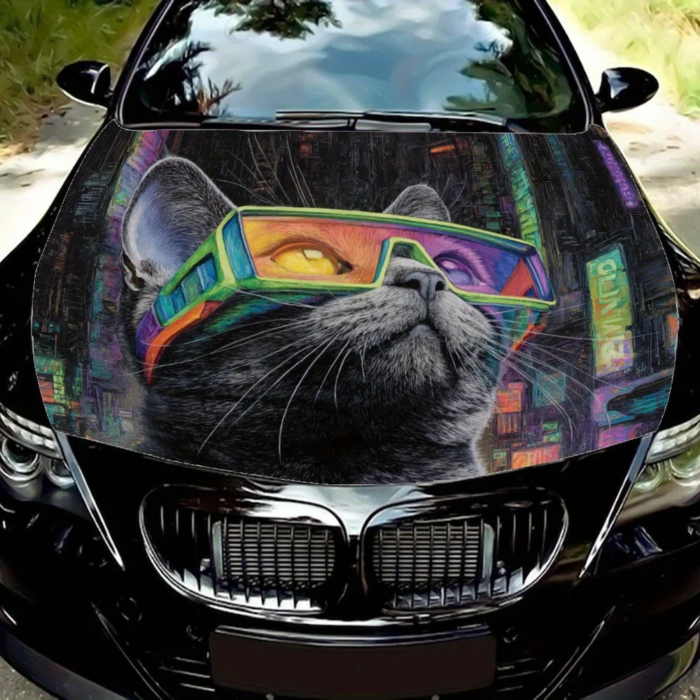 

Cat with Neon Goggles Car Vinyl Wraps - Suitable For Most Engine Hood,Bubble-free Design,Waterproof,Cleanable And Convenient Dur