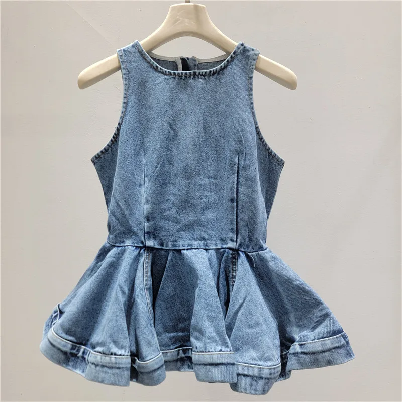 

Women Dresses Denim Dress Ruffle Hem Zipper Round Neck Sleeveless Mini Length Slight Strech Loose Casual Streetwear 2026 Spring